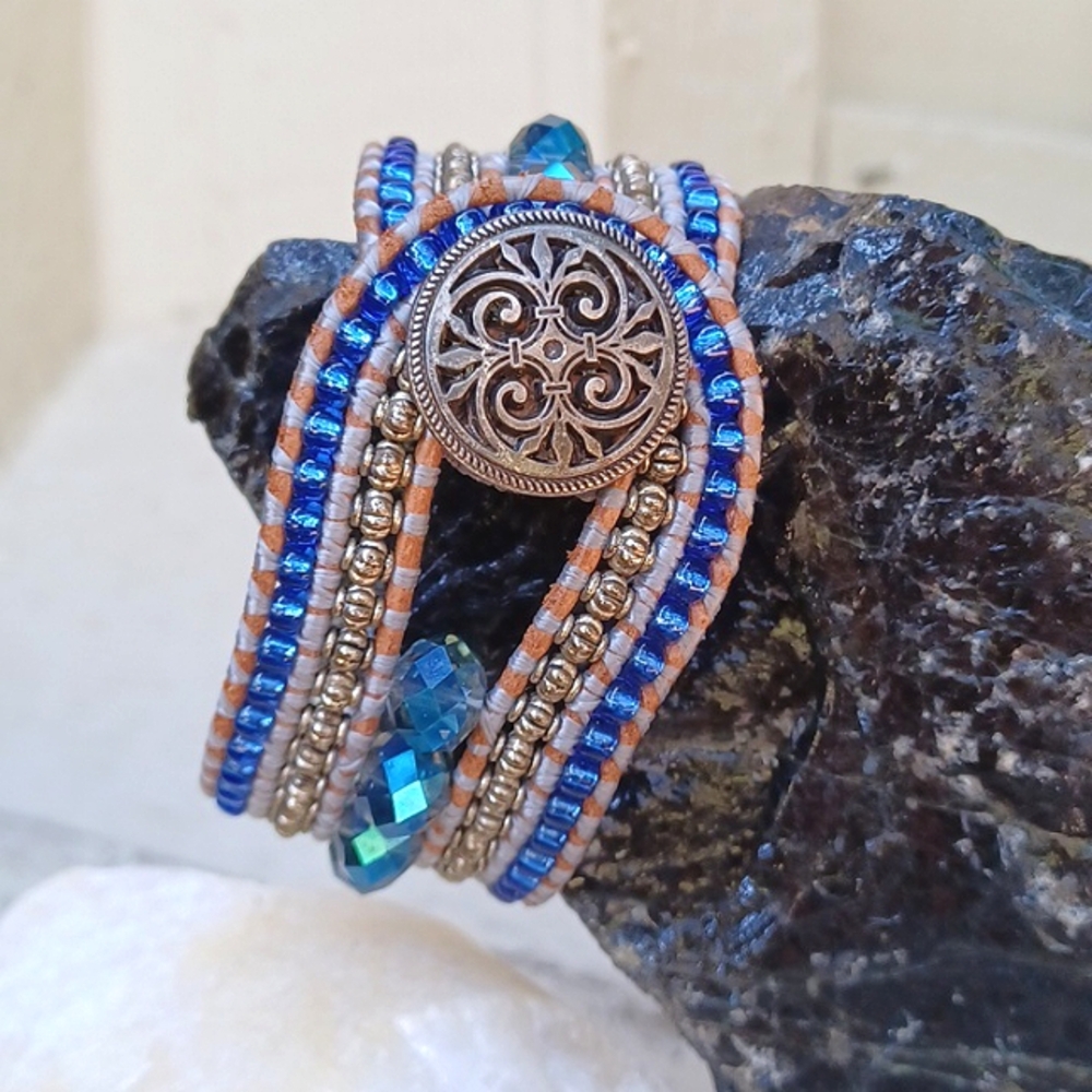 Leather Beaded Bracelet With Silver Metal Button Blue Glass Silver Tibetan Beads